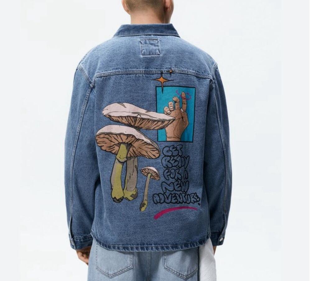 Zara Painted Mushroom Denim Jacket Jean Shacket Shirt Oversized Men's Women's S